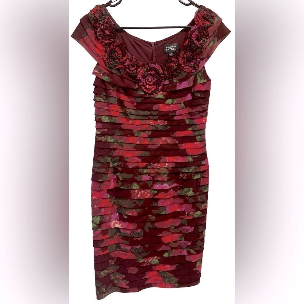 Adriana Papell Maroon Floral Tiered Ruffle Dress in Size 8
